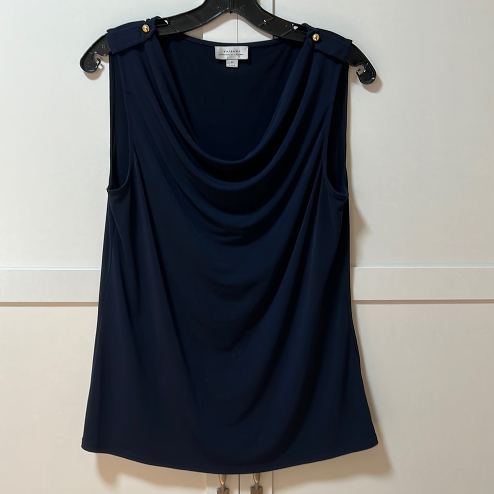 Tahari Navy Sleeveless Blouse with Gold Buttons in Shoulder and Scoop Neckline